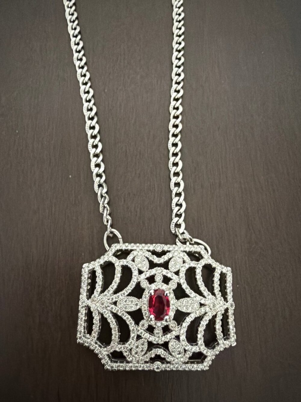 Mud Pie Statement Necklace Crystal Filigree Pendant Red Stone NWT